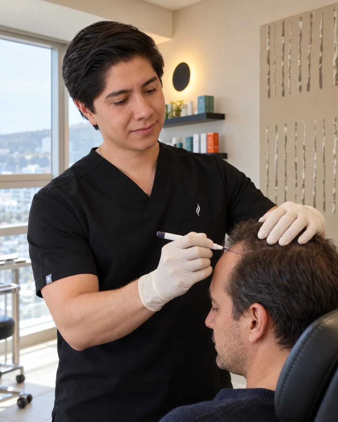 Escena ilustrativa del Dr. Miguel Coca planificando la línea frontal de un injerto capilar en Capellé, Querétaro
