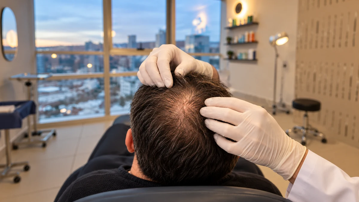 Evaluación ilustrativa de cabello adelgazado por alopecia androgenética en la coronilla, Capellé, Querétaro