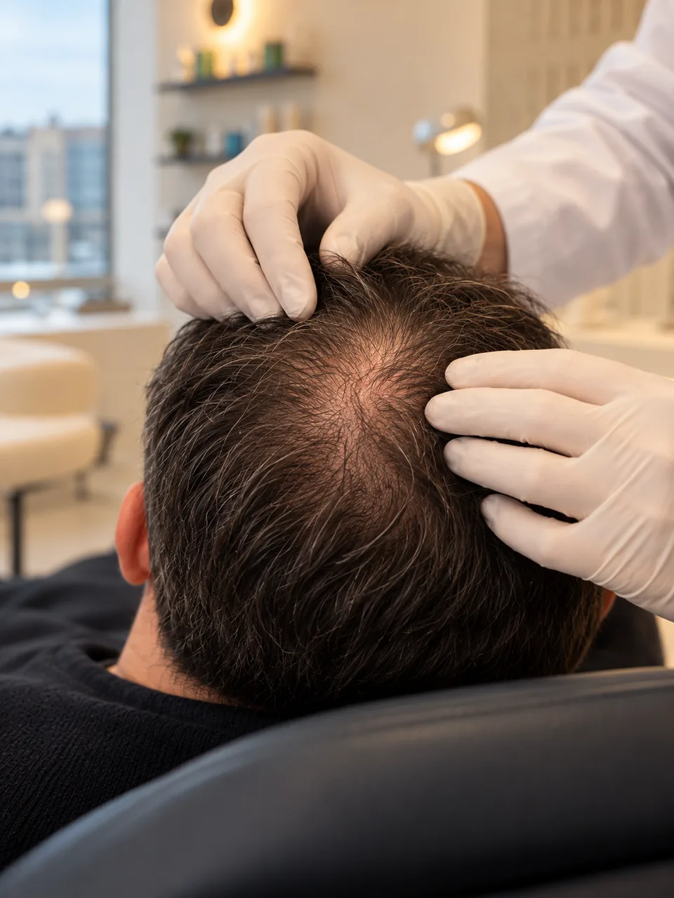 Evaluación ilustrativa de alopecia androgenética en la coronilla en Capellé, Querétaro